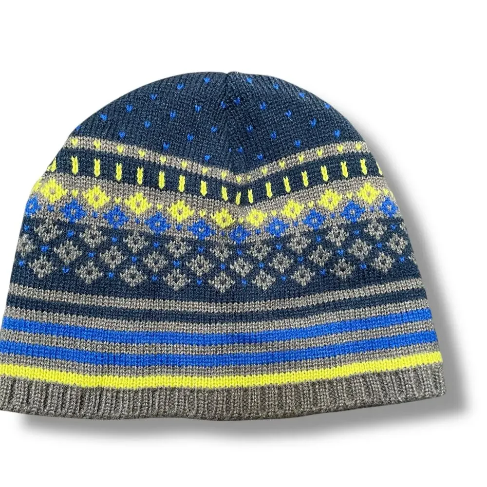 Lands End Kids Beanie Hat Medium Large Striped Blue Gray Knit Winter Cap Skull